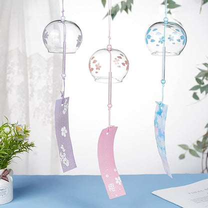 BENECREAT 3pcs Japanese Wind Chimes Pink Blue Light Purple Flower Wind Bells Handmade Glass Pendants for Wedding Festival Gift, Garden Window Outdoor or Indoor Home Decors