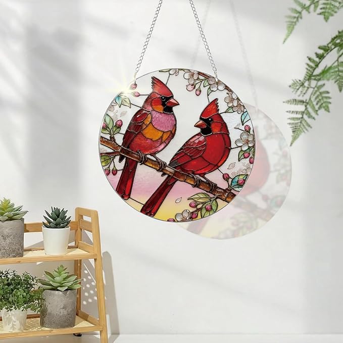 2 Cardinals Acrylic Suncatcher, Red Birds Suncatcher Wall Art, Hand-Painted Sun Catcher Garden Hangings, Decorative Hanging Suncatchers for Window Door Decoration, Memorial Gift