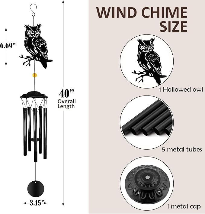 Owl Wind Chimes for Outside - Owl Windchimes Outdoors, Black Metal Memorial Wind Chime for Home, Patio, Balcony Decor, for Mom Dad Family Friend, Gifts for Mother's Day, Housewarming, Retirement