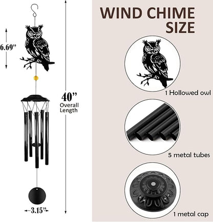 Owl Wind Chimes for Outside - Owl Windchimes Outdoors, Black Metal Memorial Wind Chime for Home, Patio, Balcony Decor, for Mom Dad Family Friend, Gifts for Mother's Day, Housewarming, Retirement