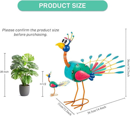 14'' Metal Peacock Garden Statues Outdoor Decor, Funny Peacock Decor Yard Sculptures Art Decoration for Patio Home Outsiede Lawn Backyard, Gift for Women Lovers Moms(Green & Red)