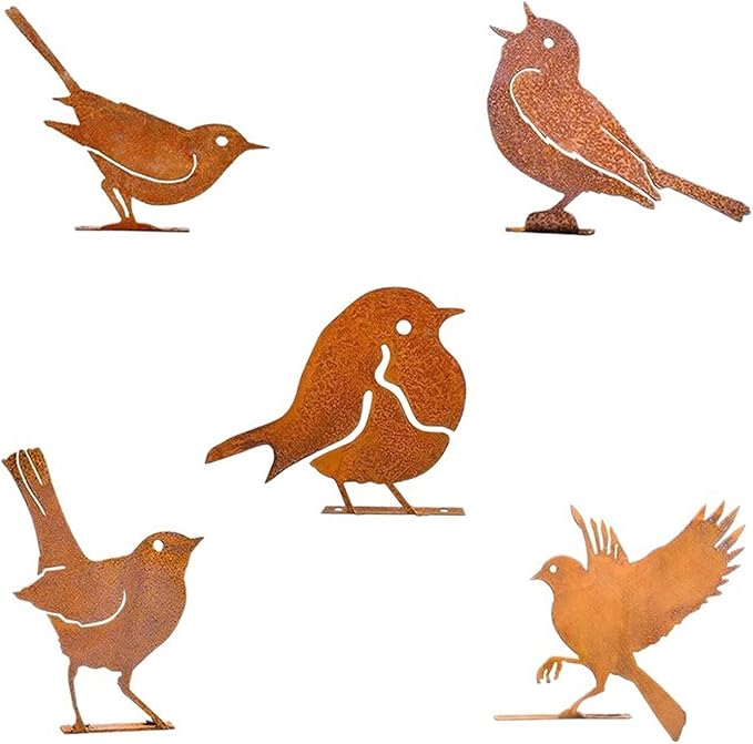 5PCS Rusty Metal Birds Decorations, Garden Yard Art Outdoor Ornaments, Bird Silhouette Statues for Fence Trees, Rustic Cardinal Gifts Spring Decorations (Style B)