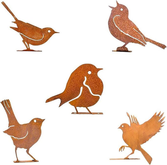 5PCS Rusty Metal Birds Decorations, Garden Yard Art Outdoor Ornaments, Bird Silhouette Statues for Fence Trees, Rustic Cardinal Gifts Spring Decorations (Style B)