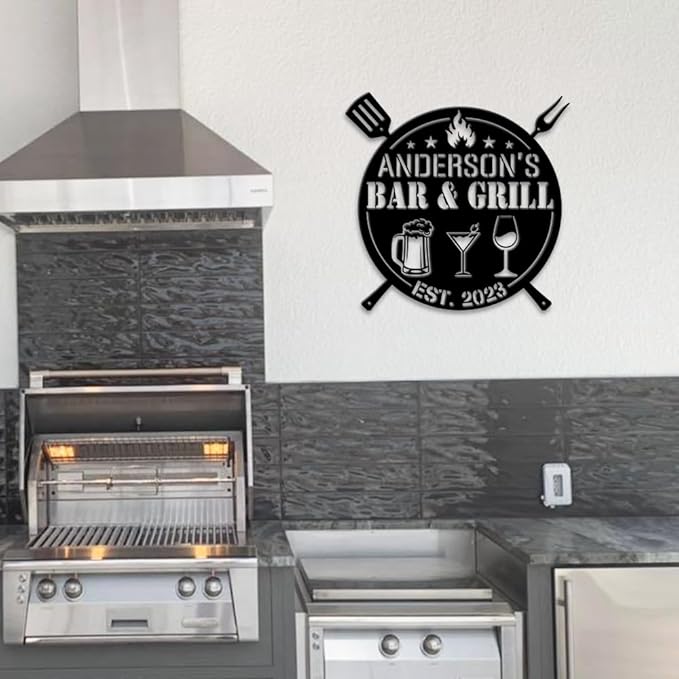 MeMate Bar & Grill Signs,Large Metal Sign Outdoor,BBQ Zone Sign,Grill to Personalize,Personalized Barbecue Signs Kitchen Decor,Custom Name Outdoor Plaques for Backyard Oasis Patio,Bar & Grill (Black)