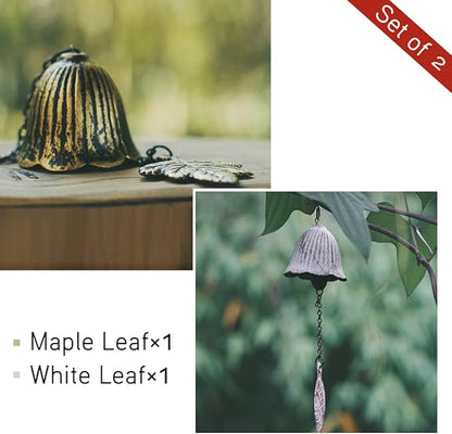 Set of 2, Japanese Traditional Lucky Small Wind Chimes for Outside, Iwachu Cast Iron Bless Temple Wind Bell Outdoor for Good Luck Garden, Patio, Balcony(Vintage and White Leaf