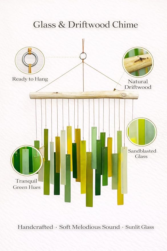 Glass Wind Chime, Large 20″ – Green Harmony Recycled Glass & Driftwood Hanging Chime for Porch, Patio & Home