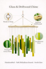 Glass Wind Chime, Large 20″ – Green Harmony Recycled Glass & Driftwood Hanging Chime for Porch, Patio & Home