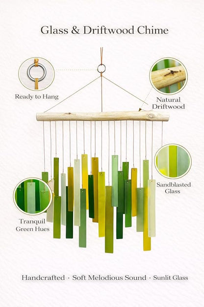 Glass Wind Chime, Large 20″ – Green Harmony Recycled Glass & Driftwood Hanging Chime for Porch, Patio & Home