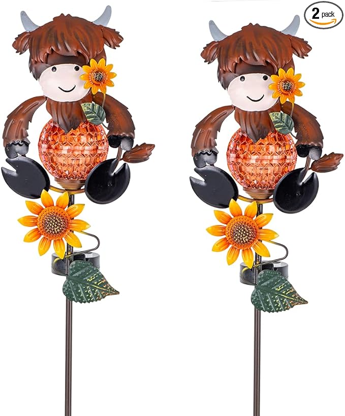 2 Pack Solar Garden Lights, Highland Cow Solar Lights Outdoor Waterproof Global Landscape Lighting with Metal Stake, Decorative Lawn Ornaments for Pathway, Garden Decor