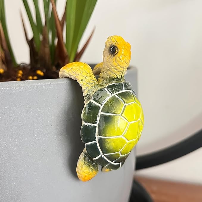 Cute Climbing Tortoise Flower Pot Hugger Figurines Resin Hanging Turtle Statue Planter Pot Decorations for Home Garden Fence Balcony Patio Lawn Yard Ornaments (Green Sea Turtle)