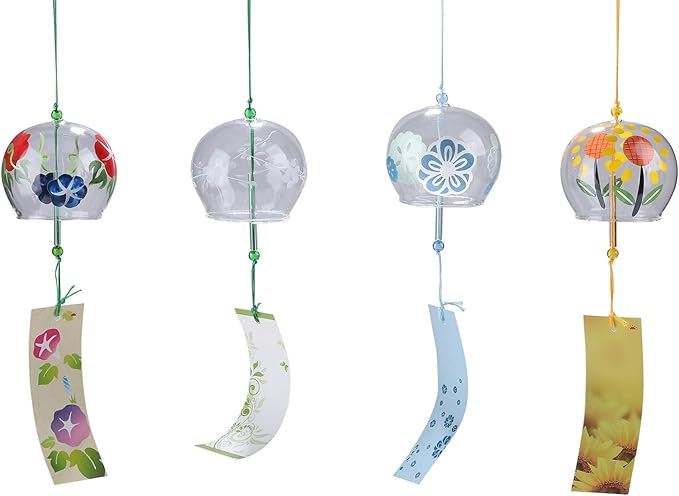 Falytemow Japanese Wind Chimes Romantic Flowers Small Wind Bells Handmade Glass Japanese Style Pendant for Birthday Present Home Decors (Morning Glory, Hibiscus, Sunflower, Willow, 8 cm)
