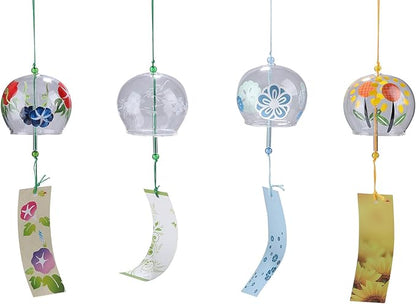 Falytemow Japanese Wind Chimes Romantic Flowers Small Wind Bells Handmade Glass Japanese Style Pendant for Birthday Present Home Decors (Morning Glory, Hibiscus, Sunflower, Willow, 8 cm)