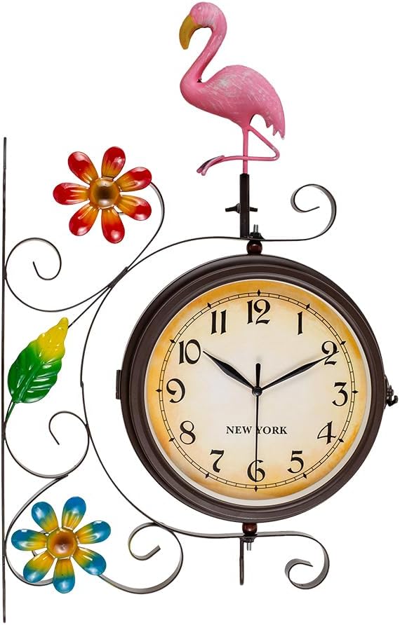 Flamingo Vintage Double Sided Wall Clock with Metal Frame Antique Wall Clock for Outdoor Decorative Art Decor for Living Room Restaurants Office Kitchen Silent Watches & 360 Degree Rotate