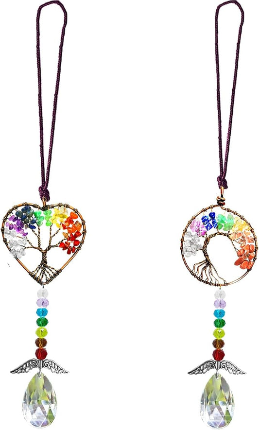 Healing Crystal Decor Tree of Life Car Hanging Accessories Suncatcher with Wings 7 Chakras Window Wall Hanging Decor Meditation Ornaments Home Decoration (Heart+Round)