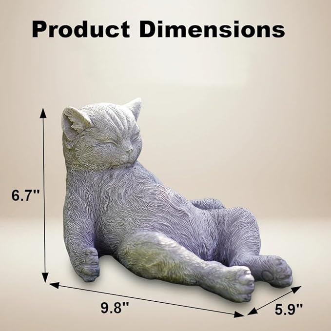 Stone Cat Garden Statue, Funny Resin Cat Figurine for Indoor & Outdoor Decor, Cute Relaxing Cat Sculpture for Patio Yard Lawn Porch Shelf, Cat Lover Gift, Weather Resistant, 9.8" L x 5.9" W x 6.7" H