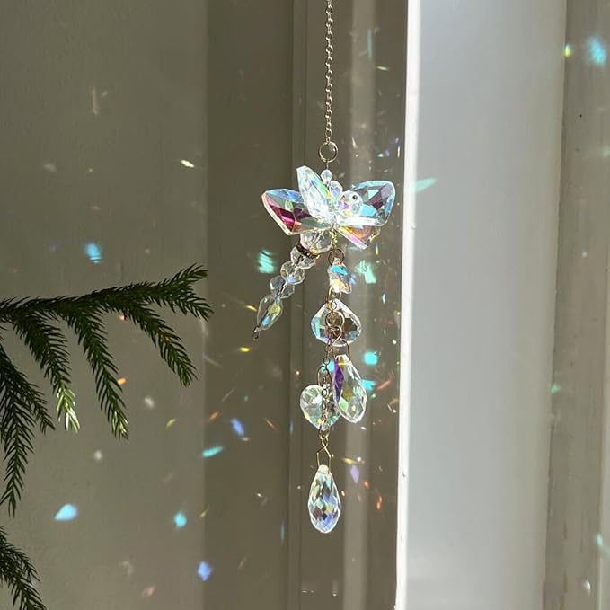 Dragonfly Crystal Suncatcher for Window Hanging - AB Colored Prism Rainbow Maker Ornament for Home Patio Garden Car Decor
