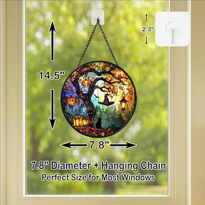 Stained Glass Window Hanging - Halloween 7.8in Pumpkin Lanterns and Black Cat Under Magic Tree with Witch Hat Sun Catchers Panel for Indoor Decorative Display for Mom, Wife, Lovers, Festive
