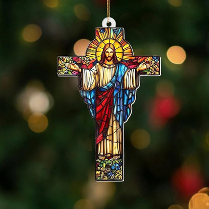 Stained Glass Jesus Cross Car Hanging Ornament – Acrylic Rearview Mirror Charm, Christian Cross Sun Catcher for Car or Home, Inspirational Religious Gift for Men & Women(Sun-29)