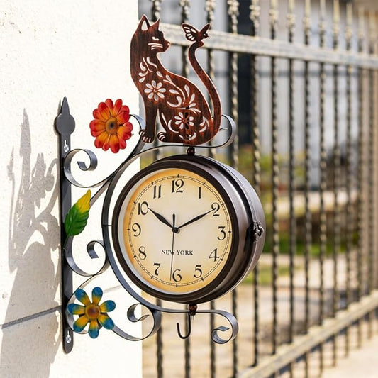 Vintage Double Sided Wall Clock with Metal Frame Antique Cat Wall Clock for Outdoor, Silent no-Ticking Watches & 360 Degree Rotate, Decorative Art Decor for Patio Living Room Restaurants