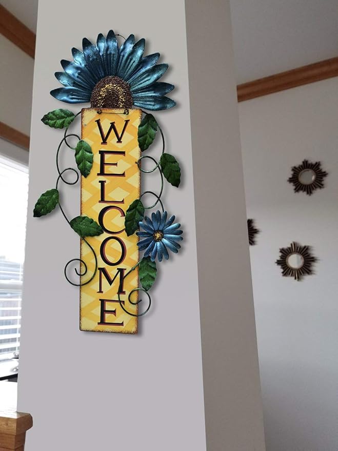 Attraction Design Welcome Sign for Front Door Decor Hanging Sign, Metal Flower Welcome Door Sign Wall Art Decor Hanging for Indoor Outdoor Patio Garden Yard Sign Porch Decoration 15.25X8.5In (3 Set)