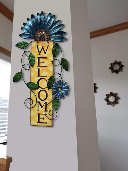 Attraction Design Welcome Sign for Front Door Decor Hanging Sign, Metal Flower Welcome Door Sign Wall Art Decor Hanging for Indoor Outdoor Patio Garden Yard Sign Porch Decoration 15.25X8.5In (C)