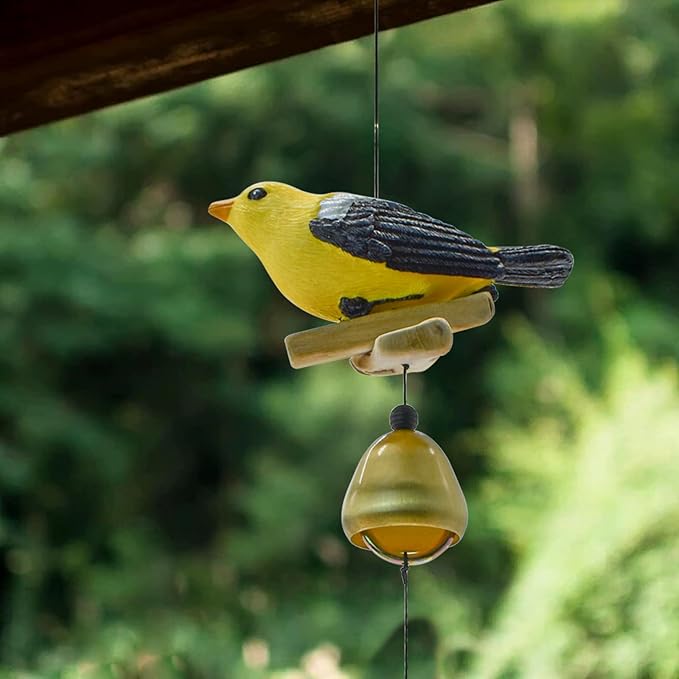 MrMrKura Bird Wind Chimes, Metal Wind Bell Pendent for Outside Hanging Wind Chime with Feather Ornament for Bless Garden Backyard Home Decor (Yellow)