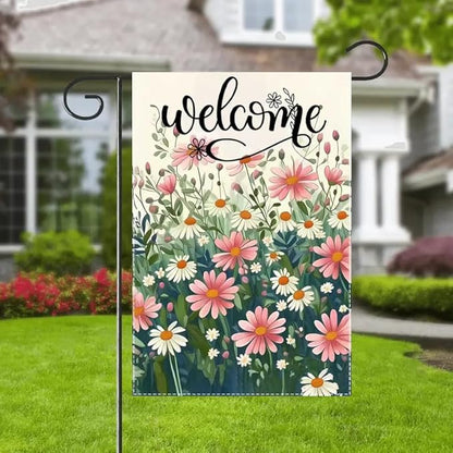 Welcome Spring Summer Daisy Garden Flag 12x18 Double Sided, Small Burlap Floral Garden Flags Summer Outdoor Decorations Yard Lawn Porch Flags for Outside Decor