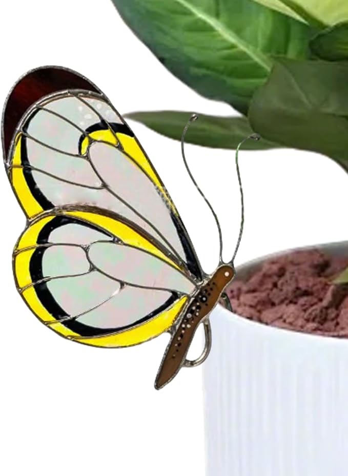 Stained Butterfly Plant Sun Catcher for Gardens, Or Patios Plant Gifts (Yellow)