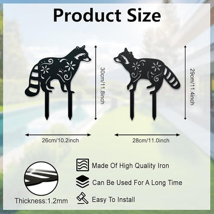 WADORN 2Pcs Raccoon Metal Decorative Garden Stakes, Black Raccoon Silhouette Metal Outdoor Statues Animals Garden Ornament Gifts Black Yard Art Decoration for Outdoor Backyard Patio Lawn Walkways