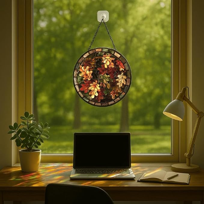 Oak Leaves Stained Glass Window Hanging Panel – Autumn Fall Theme Suncatcher Wall Art for Home Window Decor and Gift