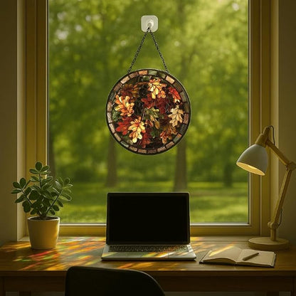 Oak Leaves Stained Glass Window Hanging Panel – Autumn Fall Theme Suncatcher Wall Art for Home Window Decor and Gift