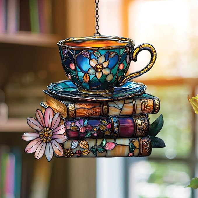 Blosoom Teacup Book Stack Acrylic Suncatcher - Faux Handmade Stained Glass Window Hanging Ornament for Display, Home Decor & Gift Idea for Tea Lovers