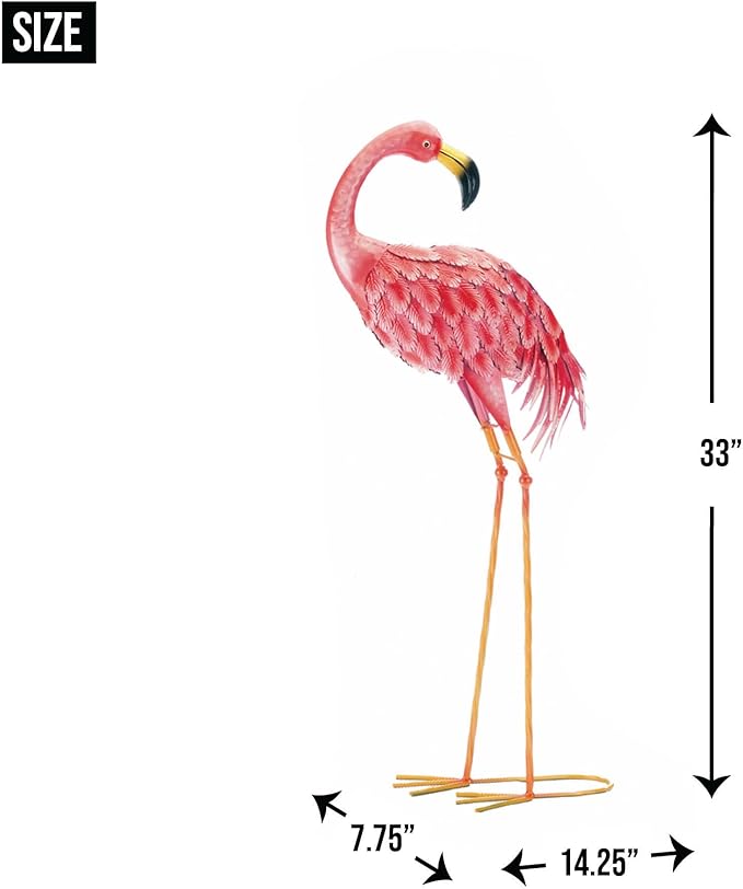 Zingz & Thingz Durable Iron Outdoor Garden Décor Bright Pink Standing Flamingo Statue, 14.25x7.75x33, Looking Back