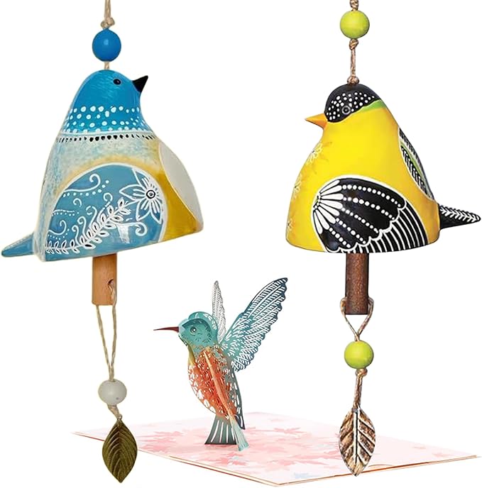 Handmade Ceramic Bird Wind Chime with 3D Pop Up Card | Spring Easter, Soothing Melody for Outdoor Patio & Indoor Hanging Decor (Blue+Yellow)