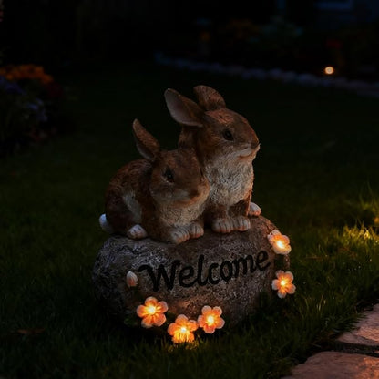 Solar Rabbit Garden Decor Outdoor Bunny Statue Welcome Sign Cute Resin Bunny Figurines for Yard Lawn Ornament Patio Porch Backyard Waterproof Decorative Gift for Women Bunny Lovers