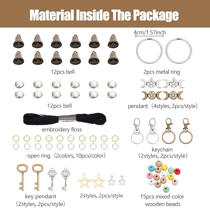 FREEBLOSS 4 Set 50+pcs DIY Witch Keychain Kit Witches Wind Chimes Witch Bells Kit Witch Craft Kit Witchy Home Decor Witch Decor Witch Bells for Keys for Protection Witch Craft for Beginners