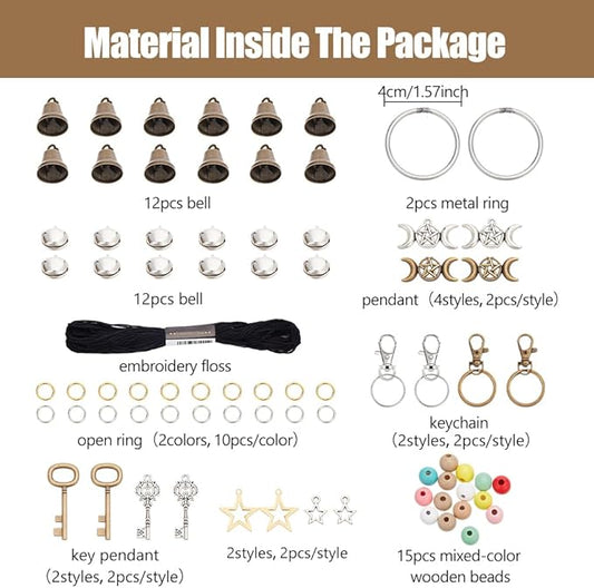 FREEBLOSS 4 Set 50+pcs DIY Witch Keychain Kit Witches Wind Chimes Witch Bells Kit Witch Craft Kit Witchy Home Decor Witch Decor Witch Bells for Keys for Protection Witch Craft for Beginners