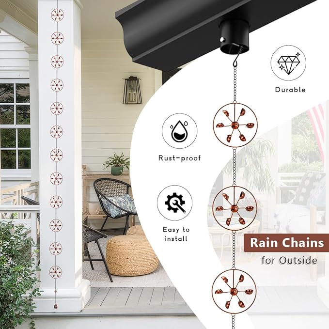 dreamysoul Rain Chains with Spinner Cups, Copper Creative Rain Catcher Chains for Gutters Downspout, Unique Rain Chain for Outside Garden Decor