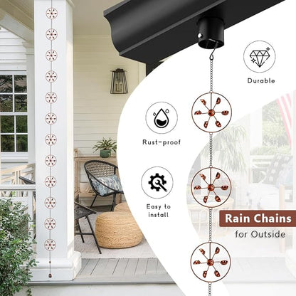 dreamysoul Rain Chains with Spinner Cups, Copper Creative Rain Catcher Chains for Gutters Downspout, Unique Rain Chain for Outside Garden Decor