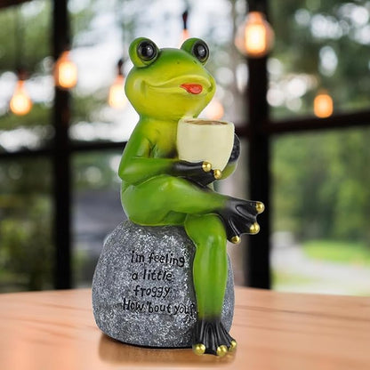 OrnamentallyYou Spring & Summer-Themed Garden Statues – Adorable Outdoor Decor for Lawn, Patio & Porch (Coffee Drinking Frog Garden Statue with Funny Quote)