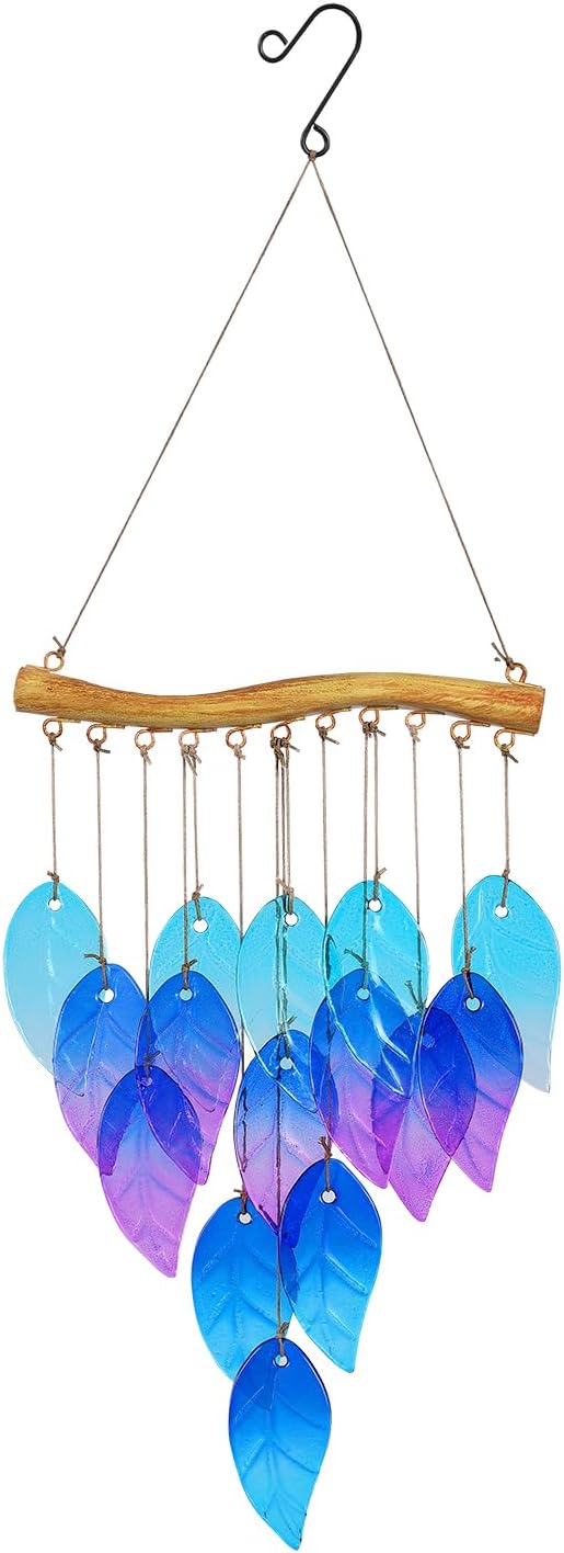 Glass Leaves Wind Chimes for Outdoor Memorial Decor - Unique Wind Chimes for Garden, Yard, Porch & Christmas, Durable Outside Christmas Decoration with Handcrafted Glass Design