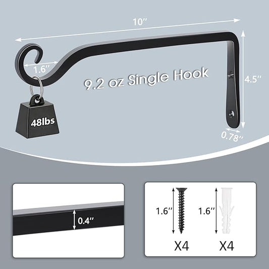 Gtongoko 2 Pack 10 Inch Metal Plant Hangers Wall Hooks for Hanging Plant Brackets, Outdoor Hooks for Hanging Bird Feeders, Flower Baskets, Lanterns, Wind Chinme, Solar Lamps