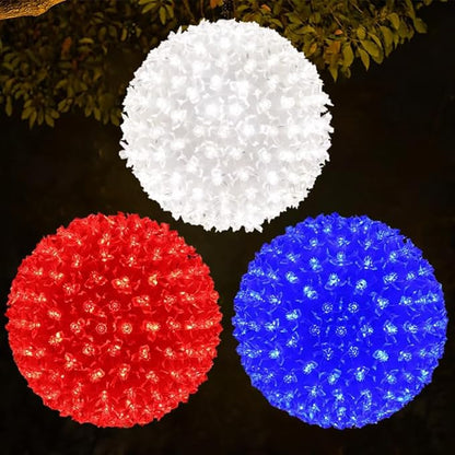 3PK 8In Patriotic Light Ball, 200LED Red White Blue Sphere Lights,Twinkle Hanging Globe Lights for 4th of July, Memorial Day, Independence Day & Veteran Day, Red White Blue Decor for Outdoor Home