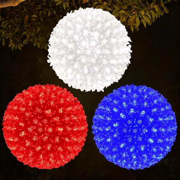 3PK 8In Patriotic Light Ball, 200LED Red White Blue Sphere Lights,Twinkle Hanging Globe Lights for 4th of July, Memorial Day, Independence Day & Veteran Day, Red White Blue Decor for Outdoor Home