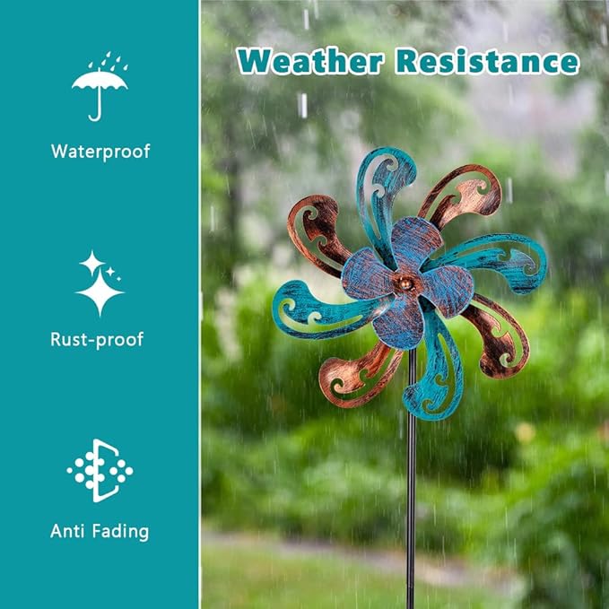 2 Packs Outdoor Metal Wind Spinner, Brown Wind Sculptures Windmill with Stake,Kinetic Yard Art Decor Pinwheels for Garden Outside Patio Lawn