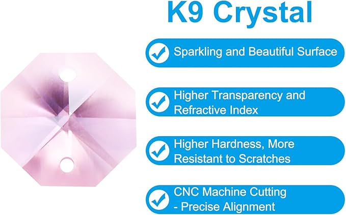 PATIKIL K9 Crystal Octagon Beads 2 Holes Pendants, 60 Pack 14mm Chandelier Prisms Parts Ornaments Hanging Beads for DIY Arts Crafts Decoration, Pink