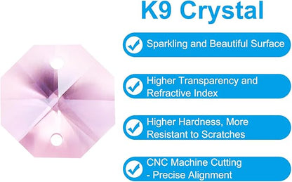 PATIKIL K9 Crystal Octagon Beads 2 Holes Pendants, 60 Pack 14mm Chandelier Prisms Parts Ornaments Hanging Beads for DIY Arts Crafts Decoration, Pink