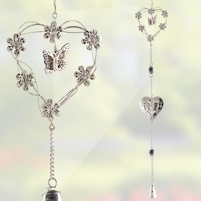 Butterfly Bell Wind Chimes - Butterfly and Heart with Mobile Design - Metal Silver Hearts - Butterflies and Flowers - 40" Long - Sturdy S Hook for Hanging