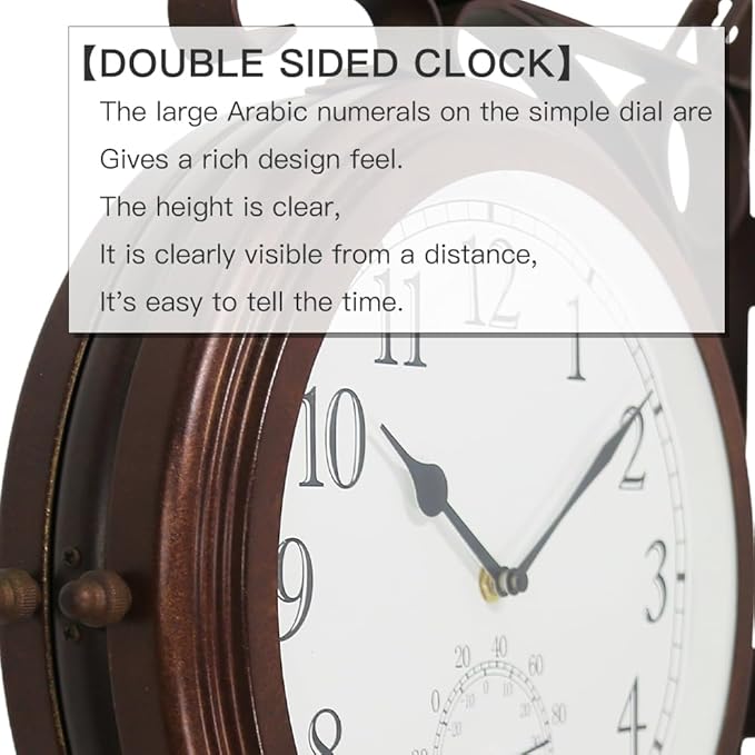 BESTIME 66276A Double Sided Metal Wall Clock with Antique Red Copper. Dial: 10-Inch,Thermometer, Quiet,Easy Read,Retro Station,Antique Hanging Clocks for Garden,Home Decor,Indoor,Outdoor,Living Room.