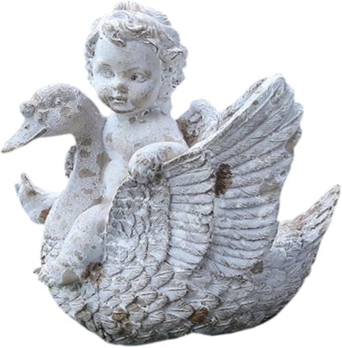 Angel Riding A Swan Garden Statue Decorative Figurine Resin Outdoor Statue Yard Art Decor for Porch Backyard Pond Decoration